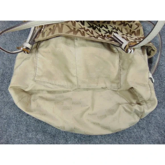 Michael Kors Tote Bag Jet Set MK Signature Logo Beige Brown Leather Trim - Picture 10 of 16